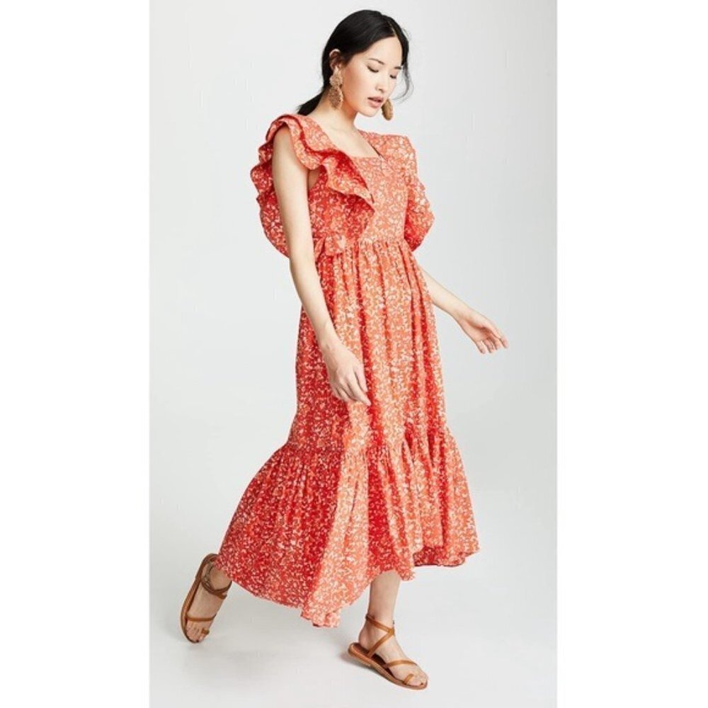 New Ulla Johnson Orange Ruffle Frieda Midi Dress … - image 3